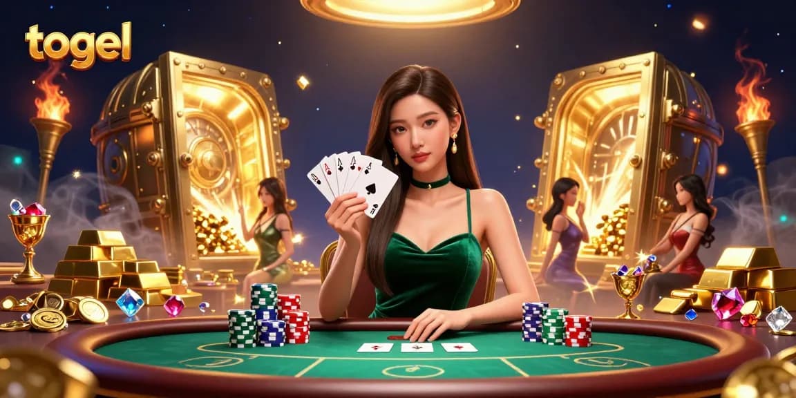 Experience thrilling togel gameplay with a beautiful Asian woman at an electrifying poker table.