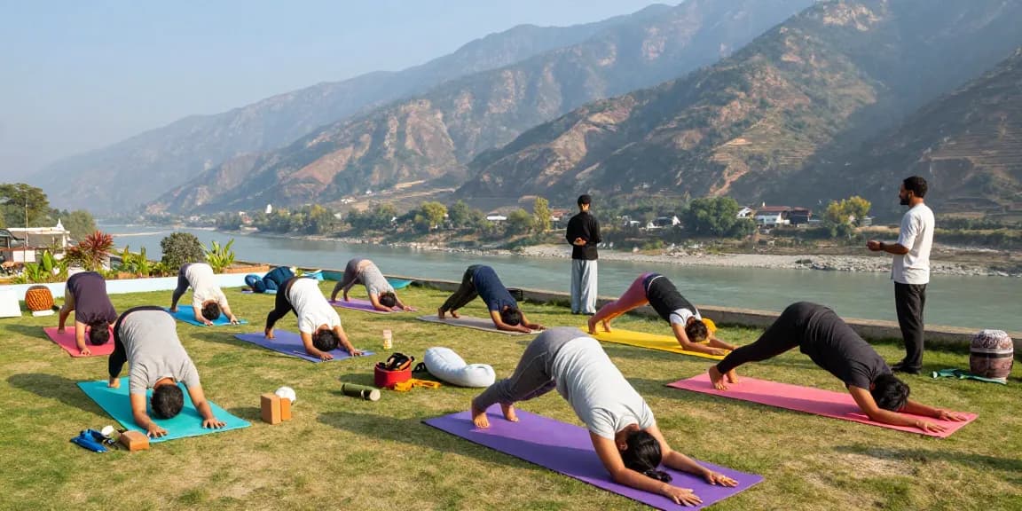 Best Yoga teacher training course in rishikesh with students practicing yoga poses amidst the serene Himalayan backdrop.
