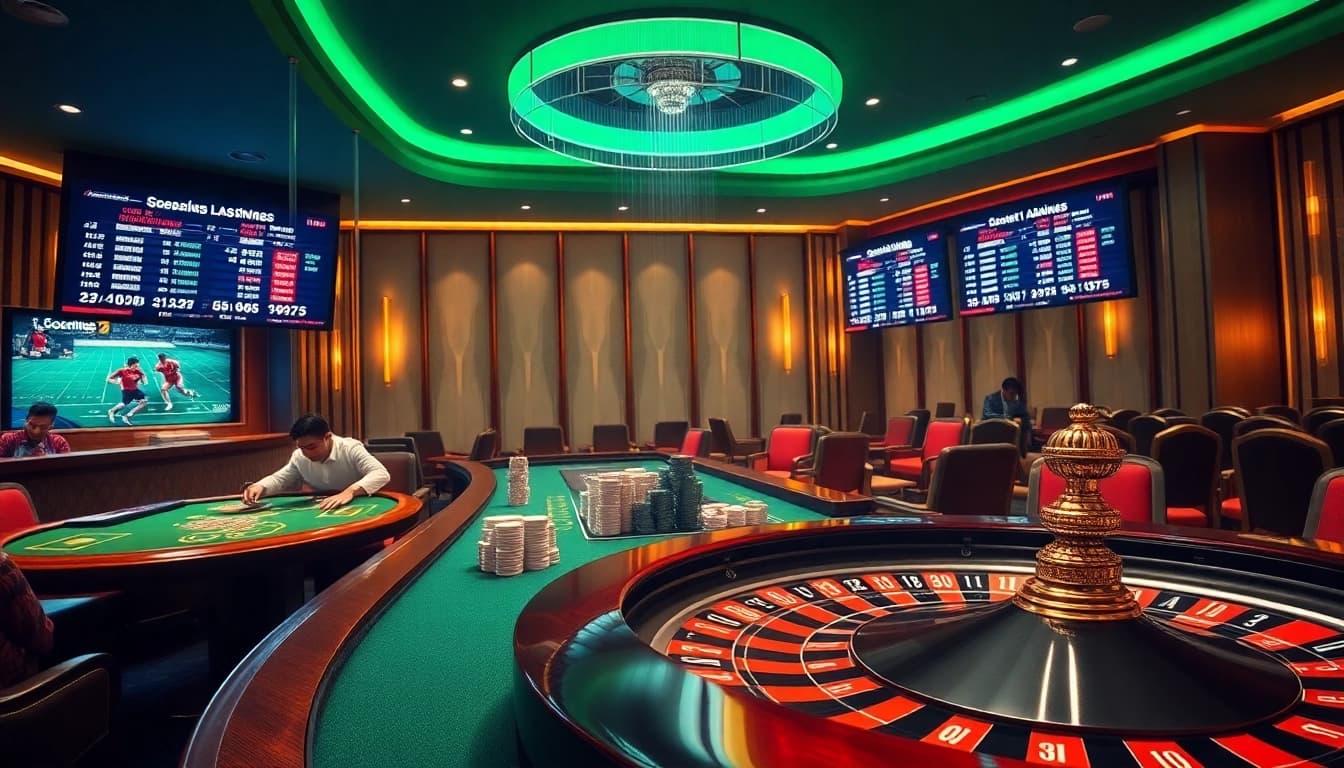 Players enjoying sbobet bets at a luxury casino table with roulette and poker chips.
