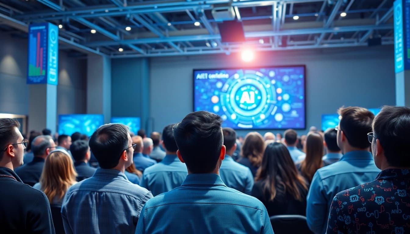 Engaged attendees at an AI and emerging technology conference sharing innovative insights.