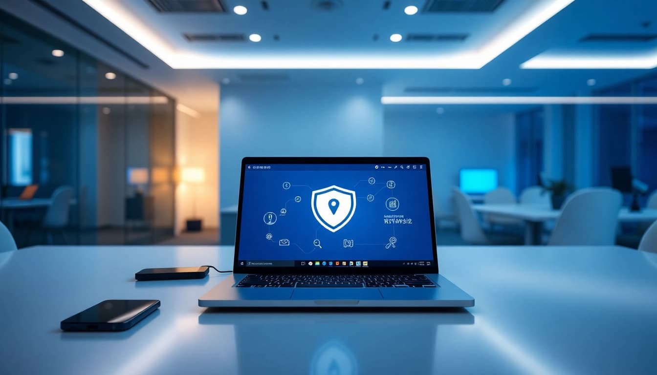整洁办公桌上的快连 VPN 界面，展示先进的安全工具，置于现代办公室环境中。