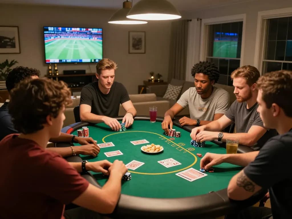 The Thương hiệu Bet88 shines during a vibrant home poker night, showcasing friends engaged in strategic gameplay, filled with energy and camaraderie.