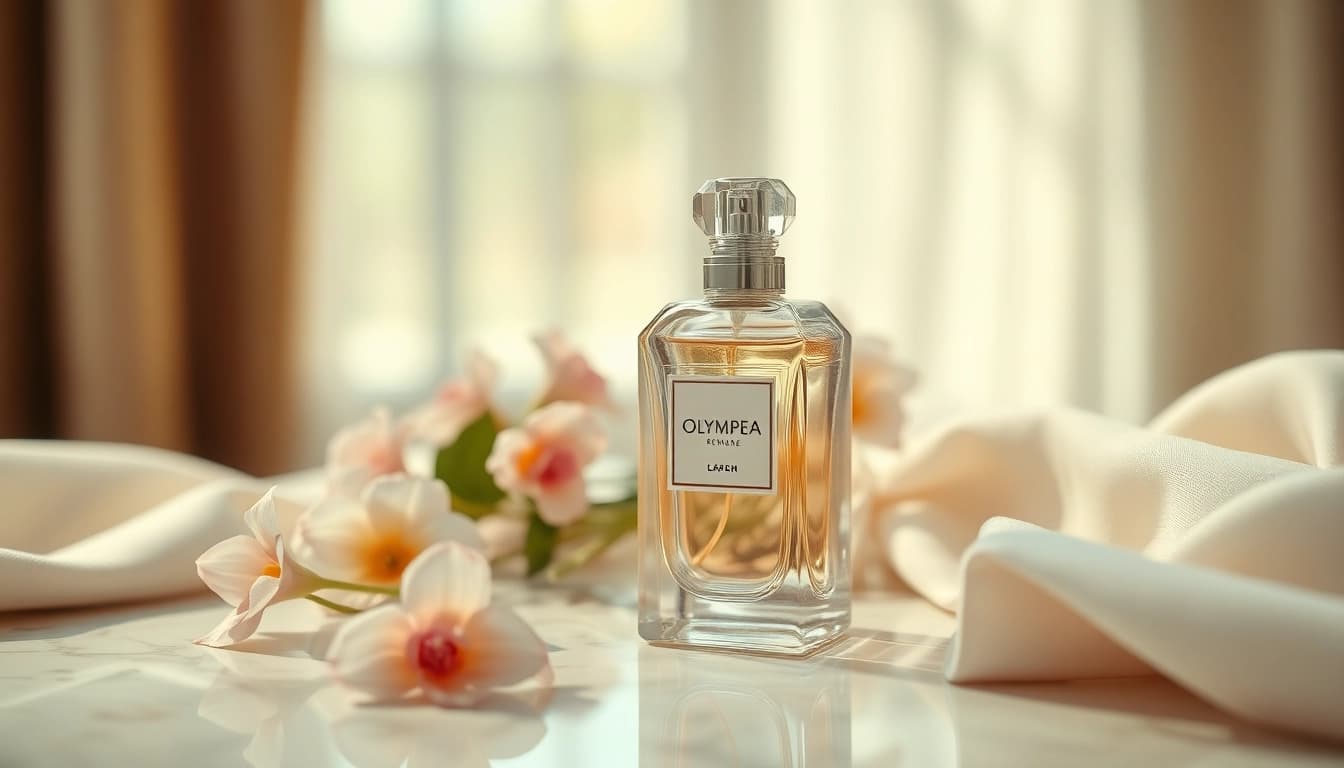 Capture the exquisite Olympea perfume bottle beautifully surrounded by fresh blooms.