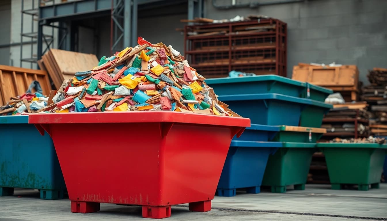 Efficient skip hire service with bright skips and construction debris, promoting sustainability.