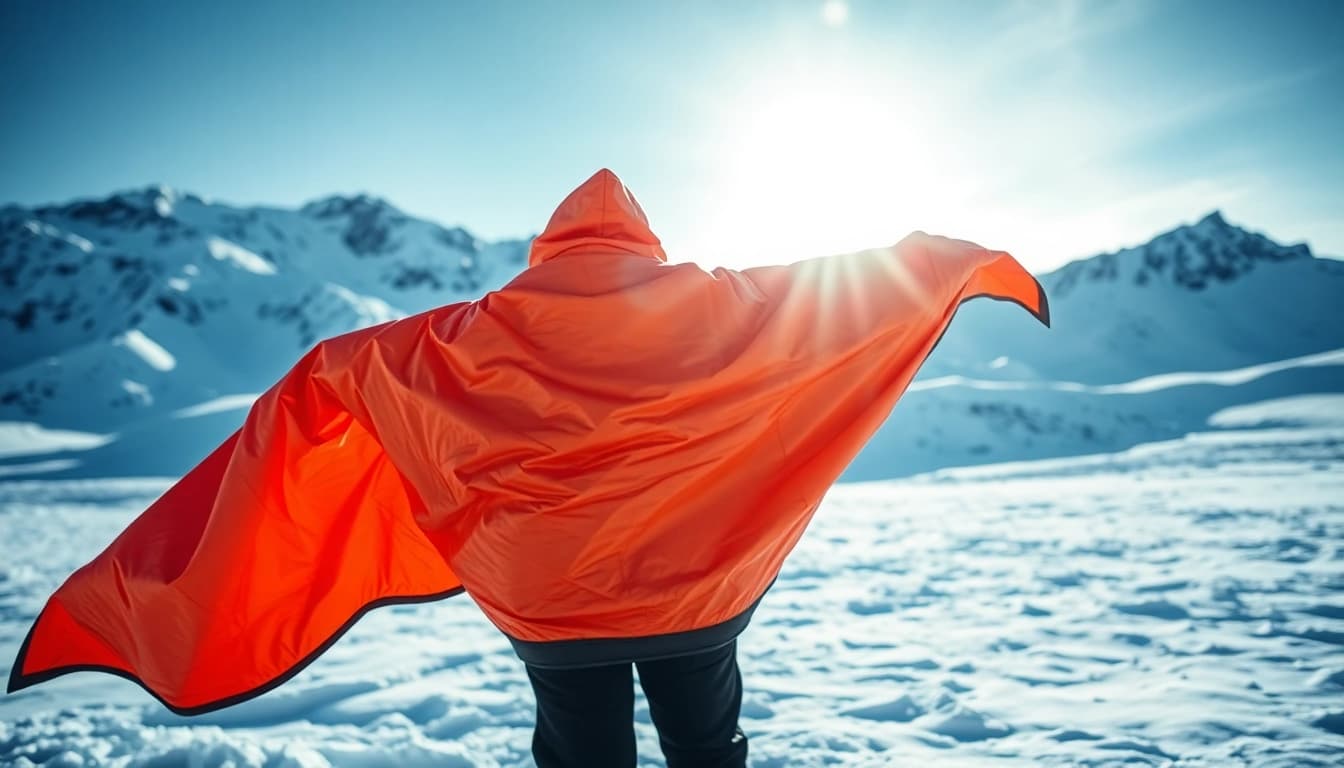 A person using an emergency blanket amidst snow, showcasing warmth and survival skills.