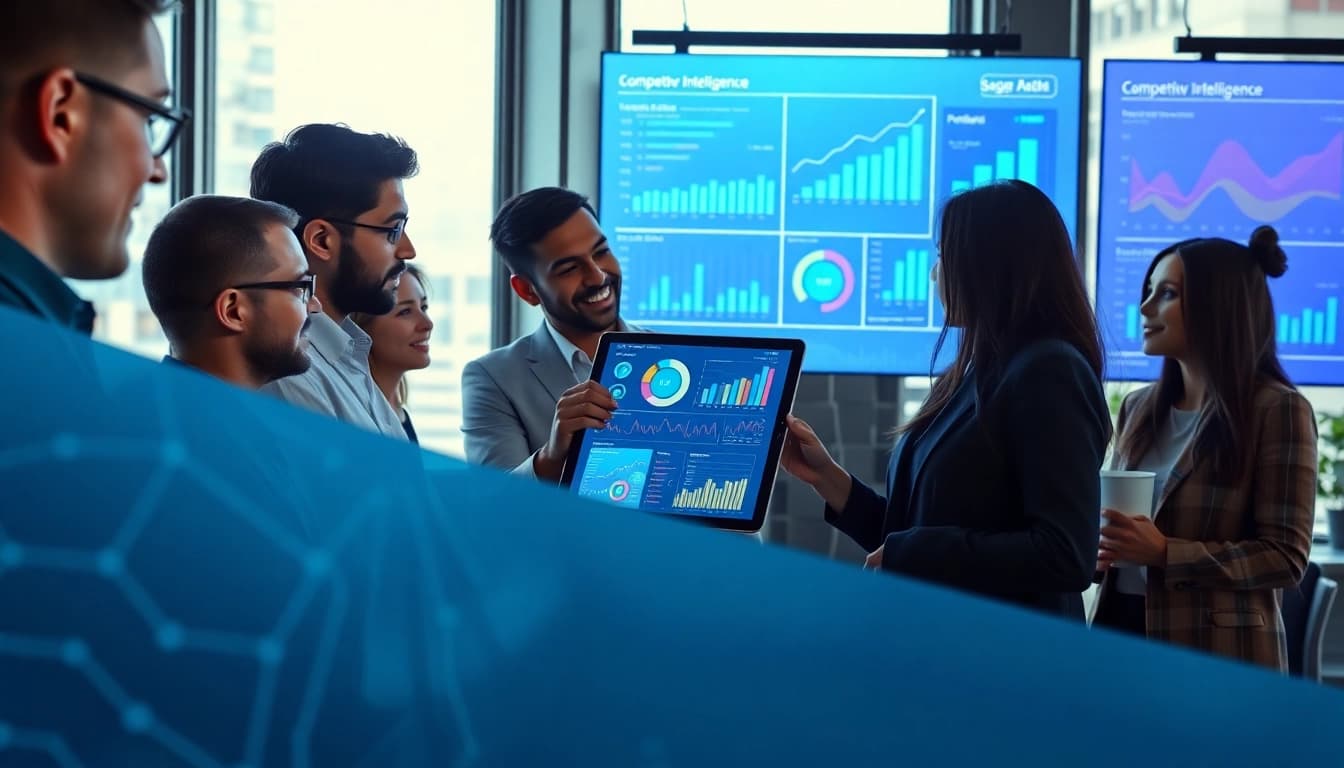 Visualize competitive intelligence for sales with a professional team analyzing data in a modern office.