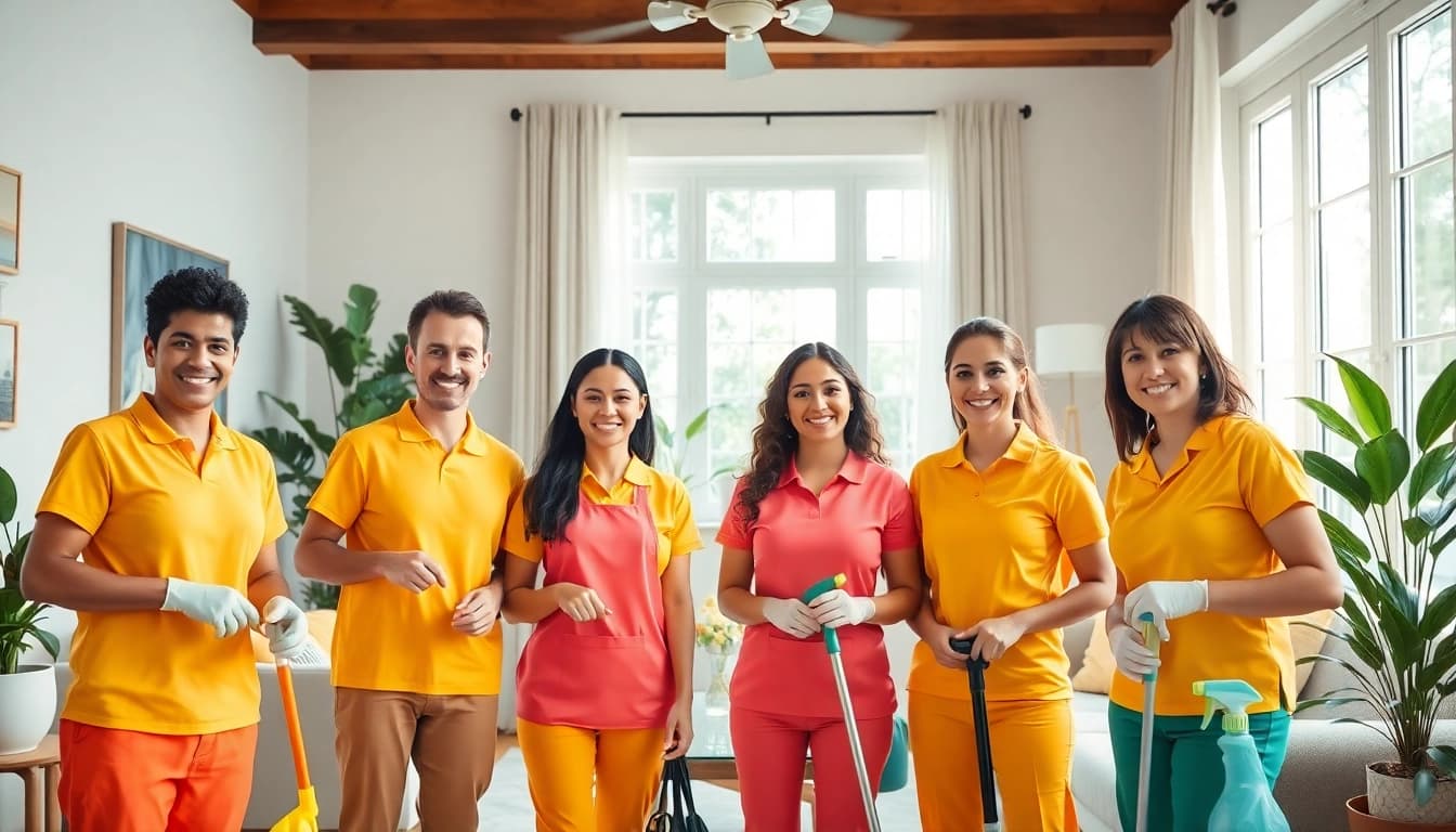 Cleaning service team effectively organizing and enhancing a living room space.