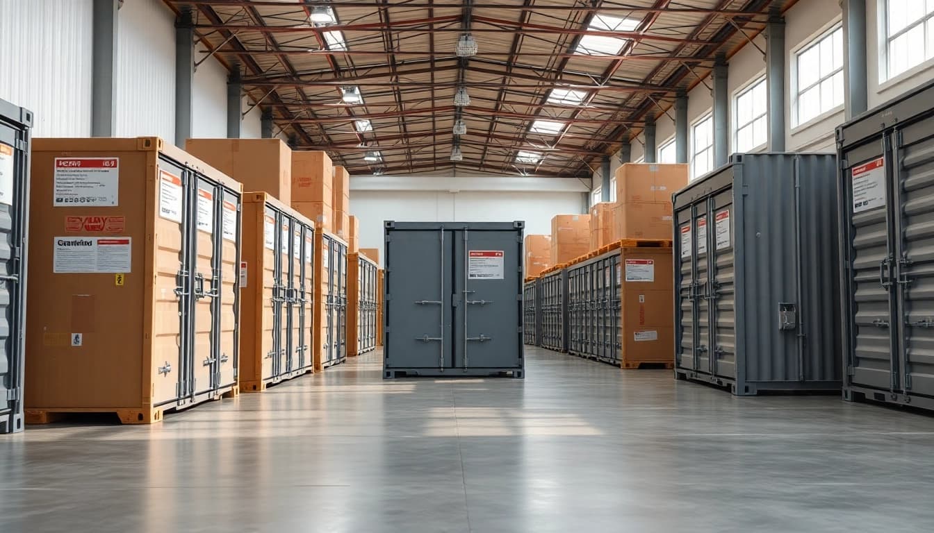 View of self storage units in a secure, organized setting with bright lighting.