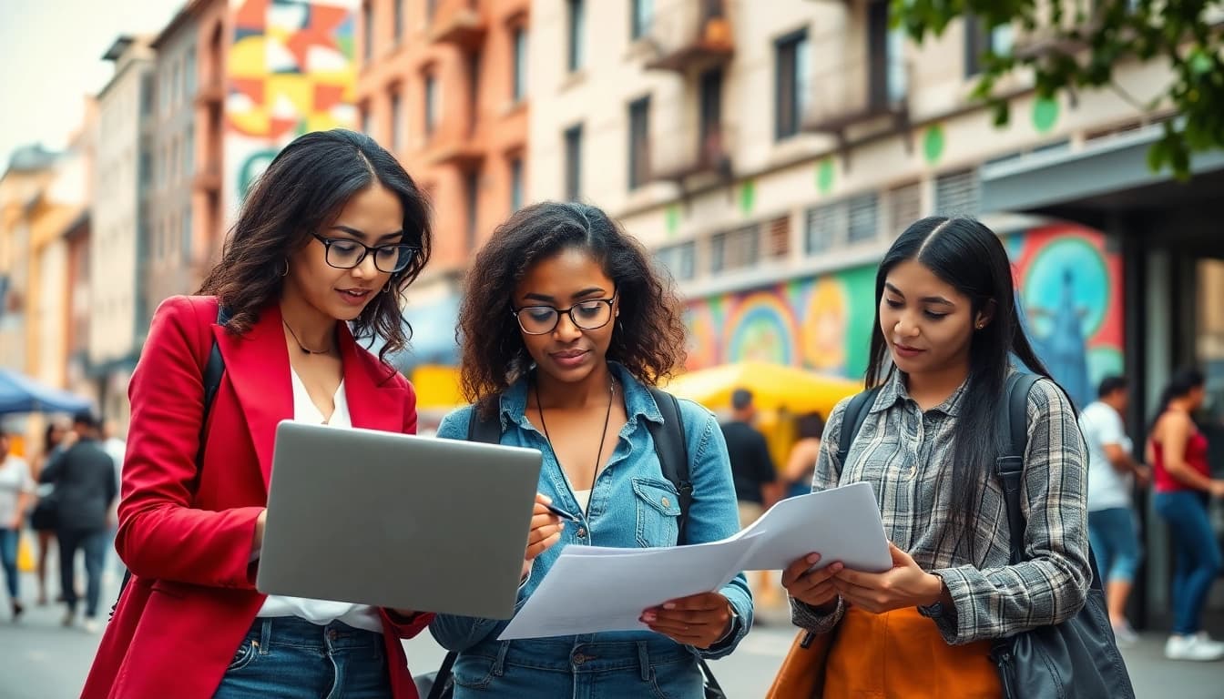 Journalists from https://2urbangirls.com engaging in research in an urban environment.