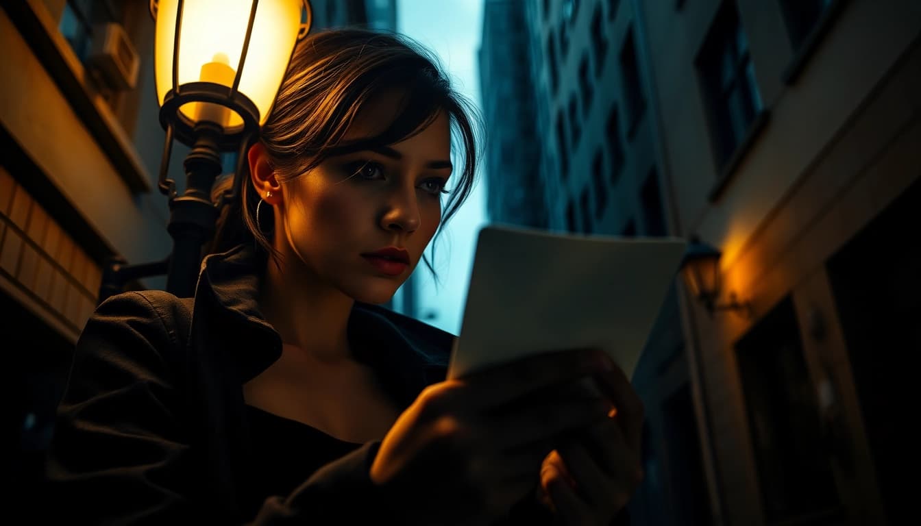 Female detective solving a Clean thriller mystery under streetlight in a shadowy urban setting.