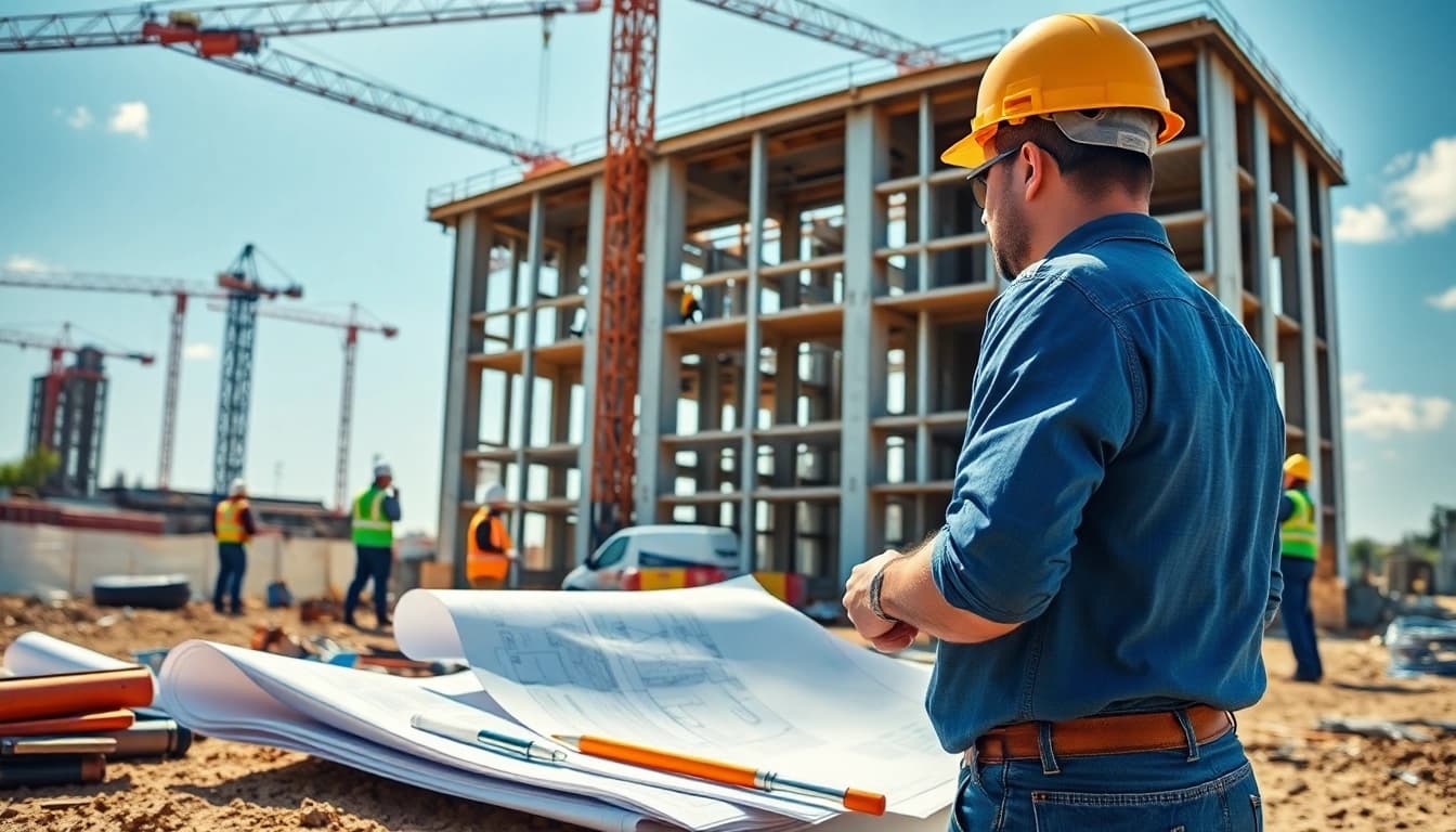 New Jersey General Contractor managing a construction site with engaged workers and clear blueprints.