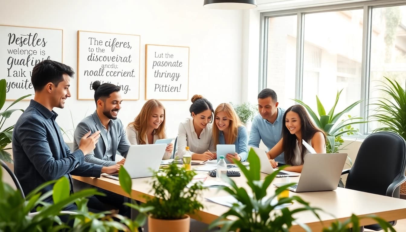 Find my true calling as diverse individuals collaborate in a bright office setting.