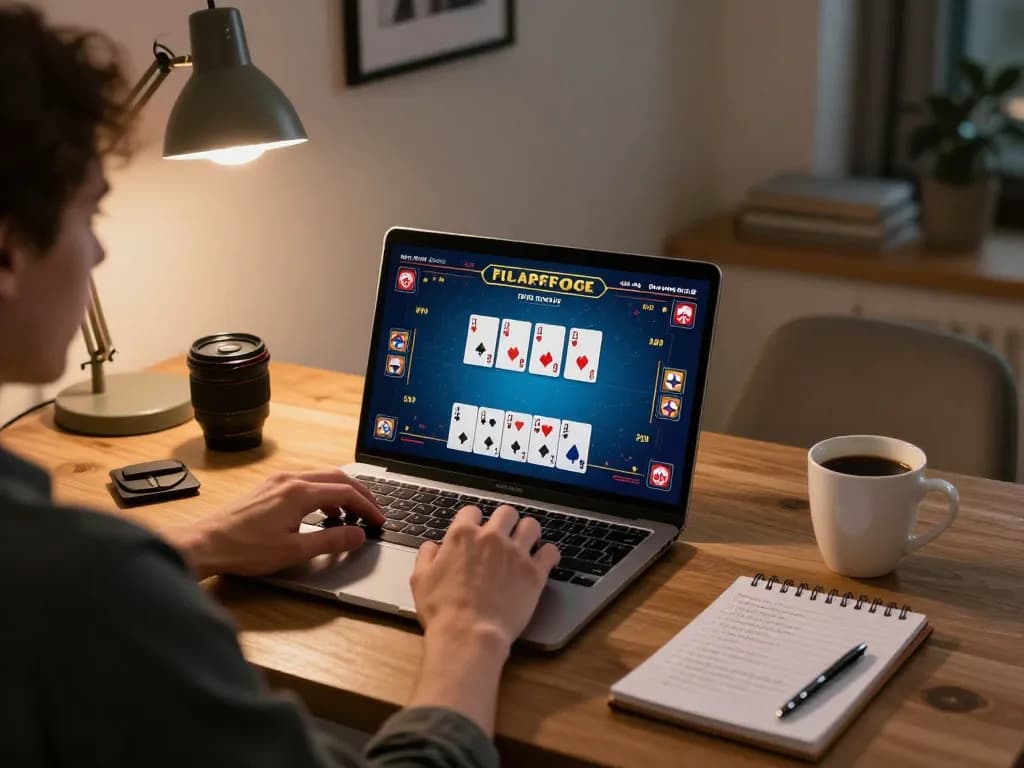 Engaging online poker gameplay on a laptop with jilipinas link visible, emphasizing strategic decisions in a cozy home setting.
