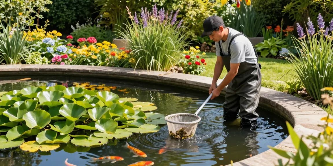 Pond Clean Kent services in action with a professional maintaining clear water and healthy flora in a tranquil backyard pond.