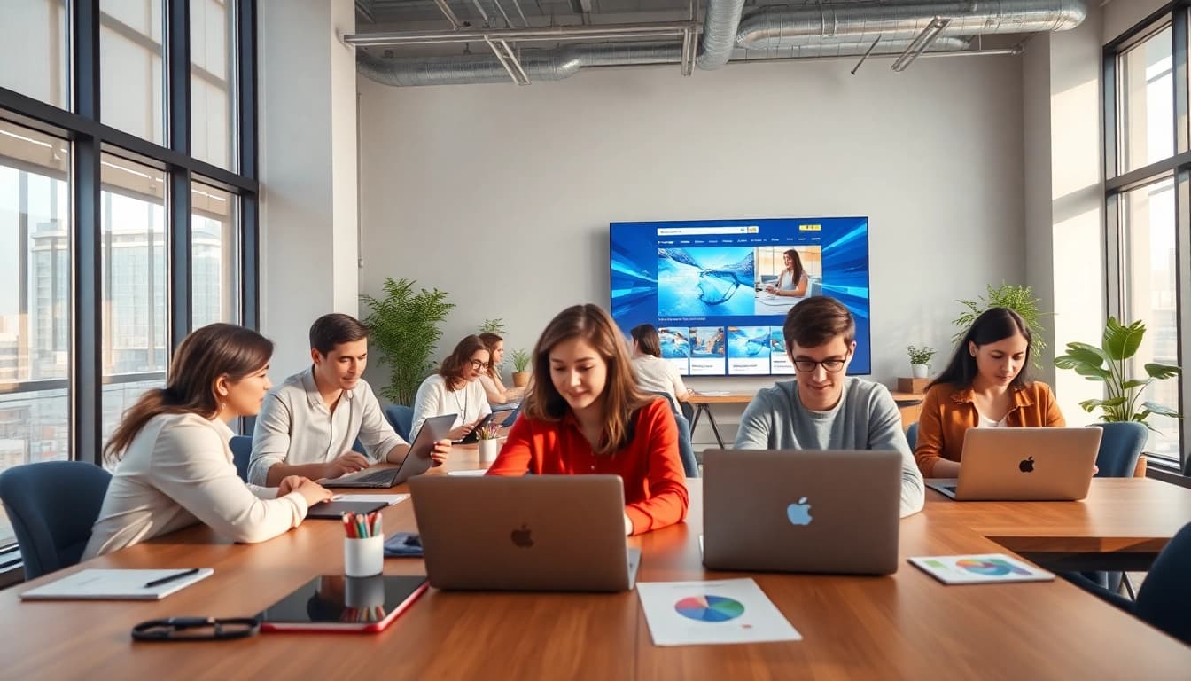 Designers working on Website Design Hereford projects in a bright, modern office.