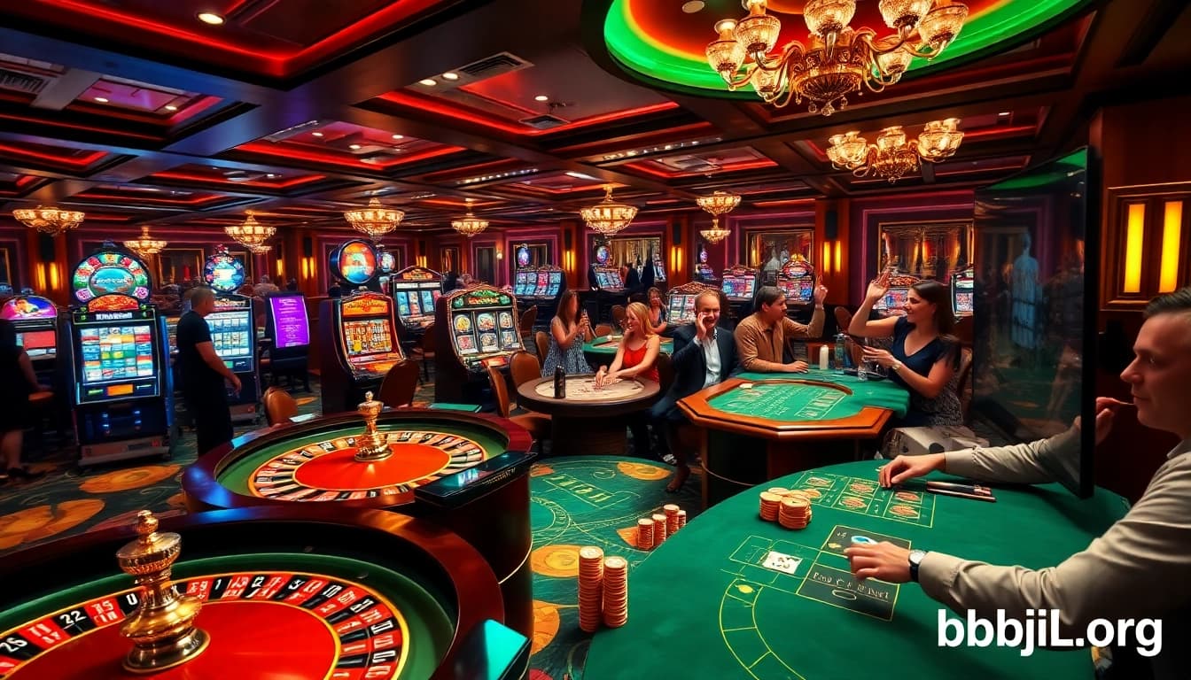 Exciting gaming scene showcasing bdjl.org with casino tables and players celebrating wins.