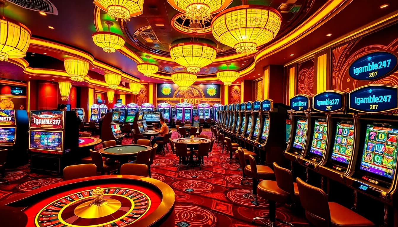 Players enjoying various games at igamble247, highlighting excitement and winning opportunities in a luxurious casino environment.