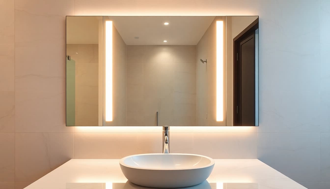 Reflective elegant bathroom mirror framed with soft LED lights in a modern setting.
