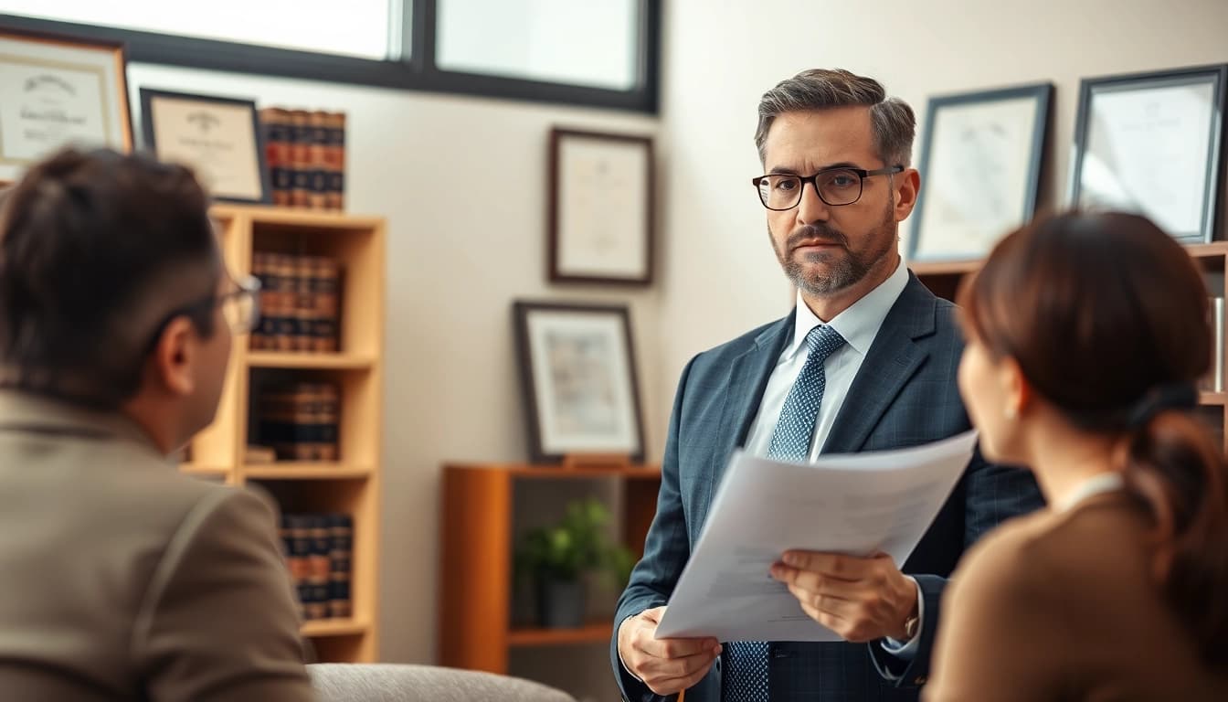 Engaged Stockton Accident Lawyer consulting a client in a professional office.