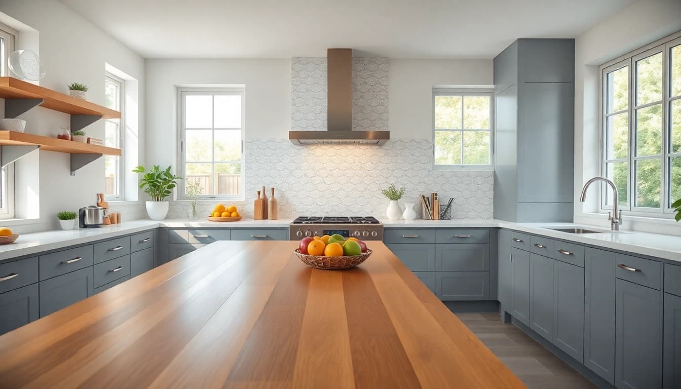 Showcased home renovation in a modern kitchen with bright lighting and stylish features.