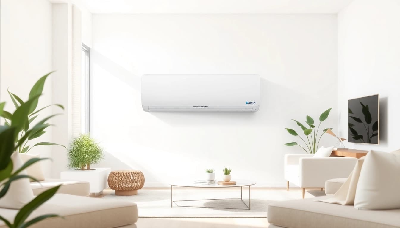 Showcase a Daikin mini split AC unit in a contemporary living room environment, highlighting its sleek design.