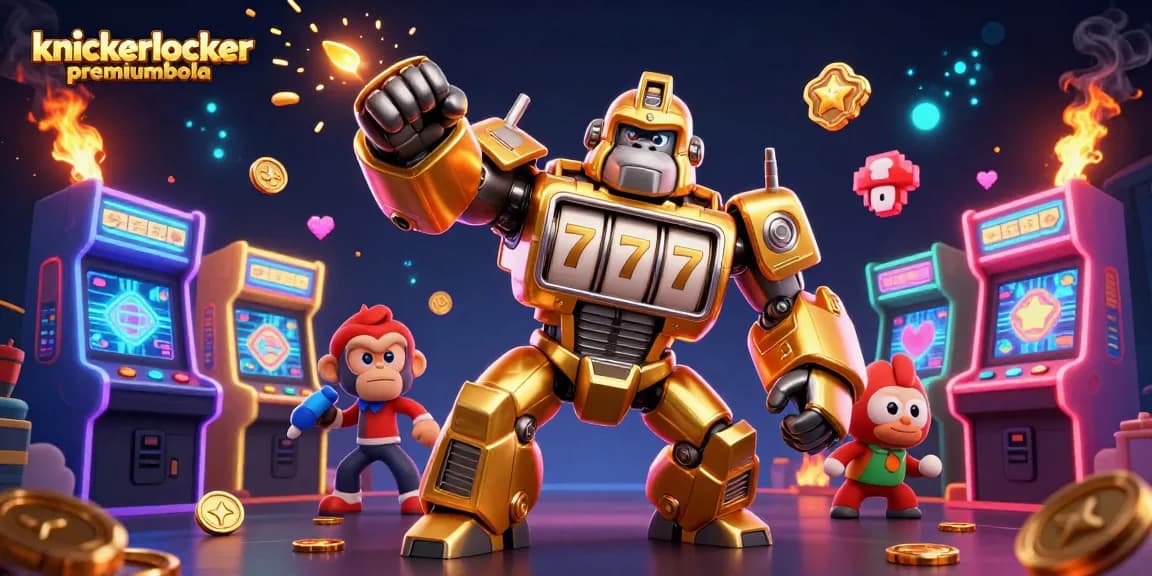 Experience the excitement of knickerlocker premiumbola with a dynamic 3D illustration of a golden gorilla mech amidst vibrant gaming elements.