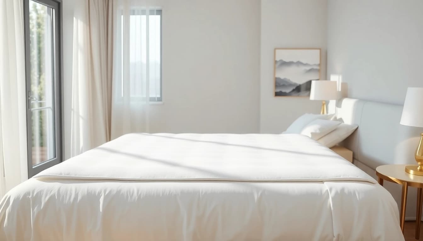 Tempur protector displayed on a luxurious mattress in a serene bedroom setting.