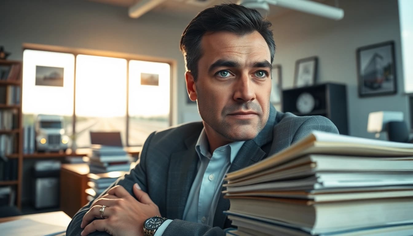Clearwater truck accident attorney diligently reviewing accident cases in a bright office.