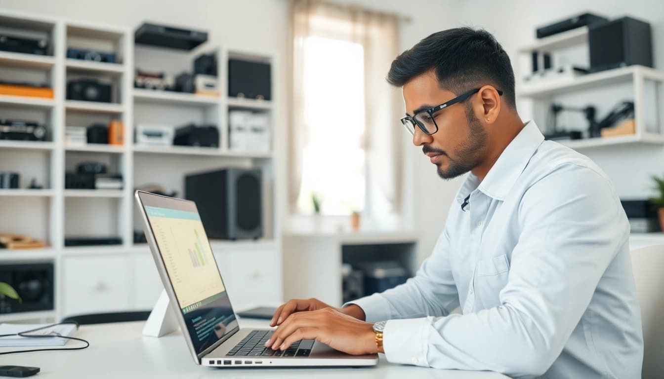Providing Computer help near me in a modern home office setting with a technician and laptop.
