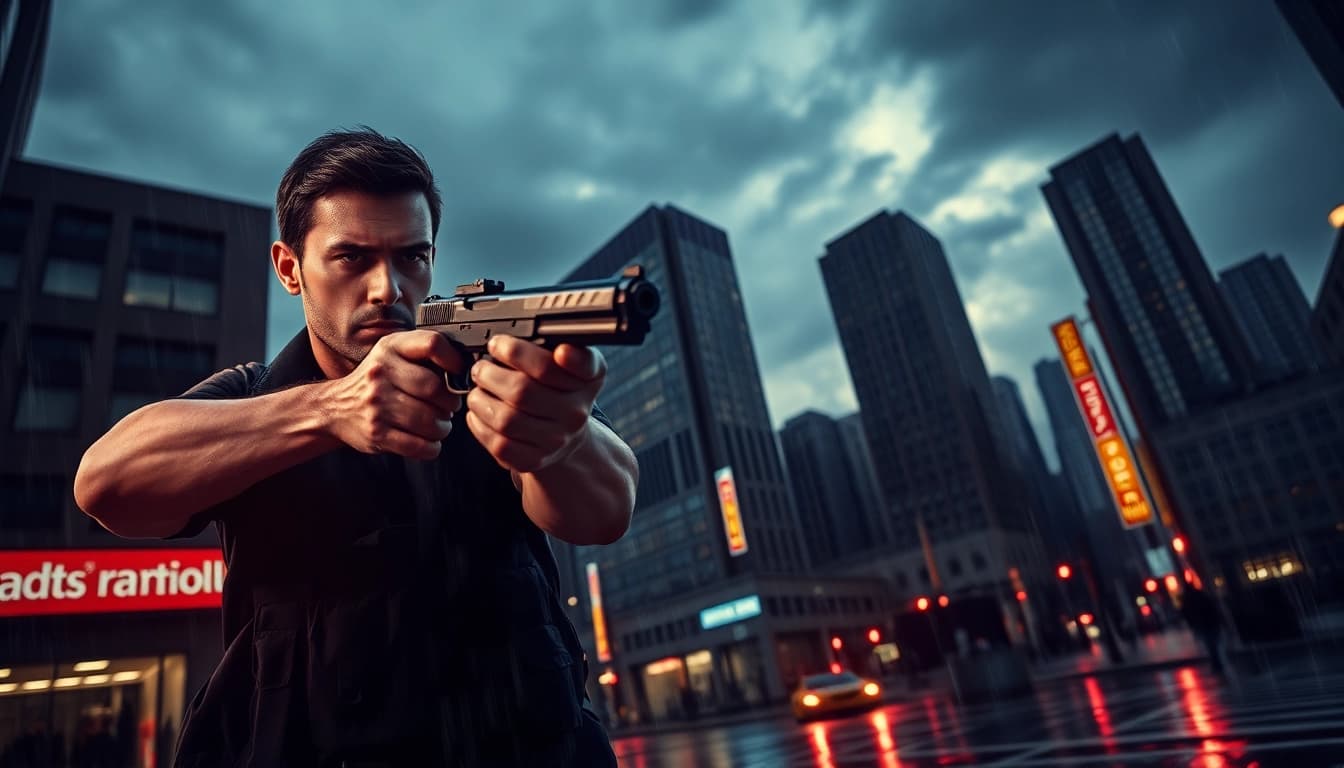Action thriller detective aiming in a moody urban setting with dramatic lighting.