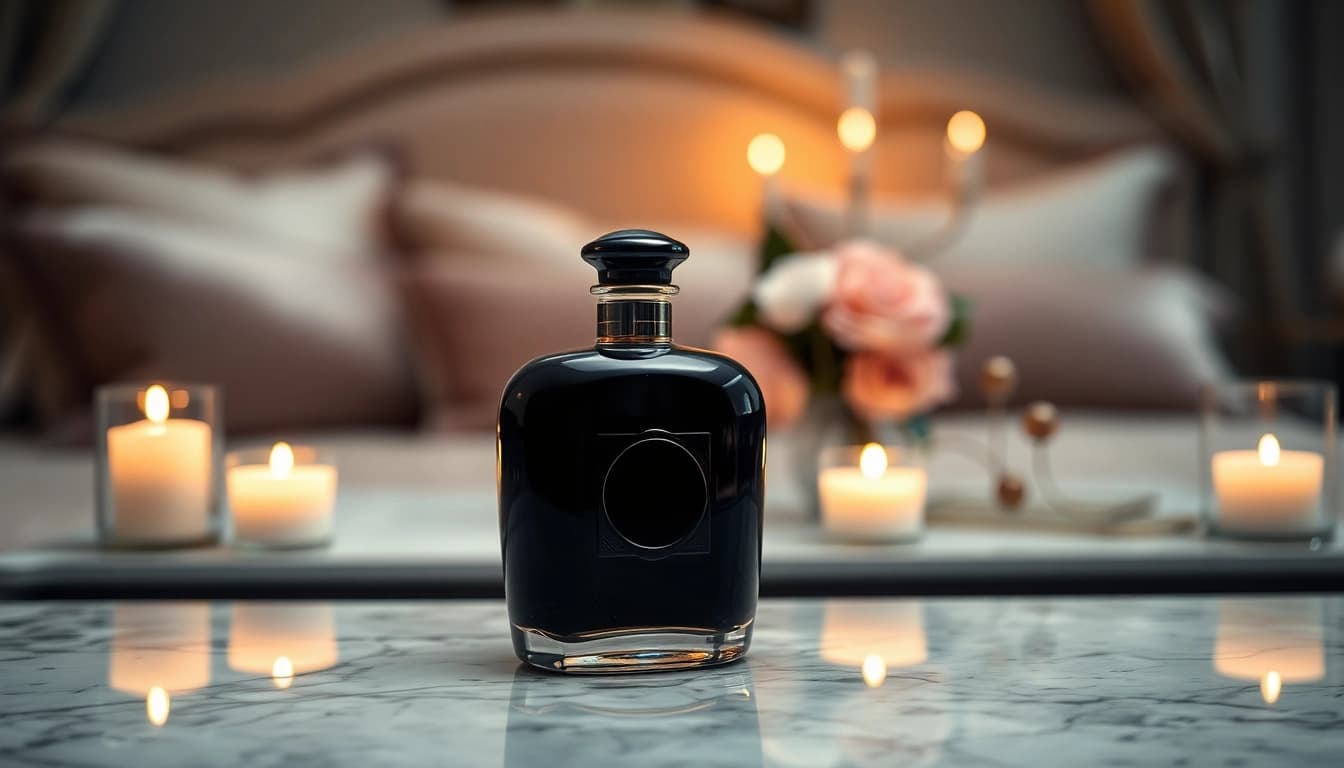 Admire the elegance of black opium perfume displayed on a marble vanity with warm candlelight.