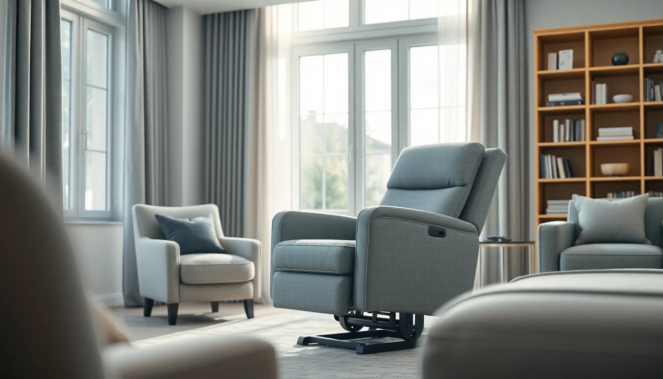 Comfortable power lift chair positioned in a cozy living room, showcasing modern design and inviting atmosphere.