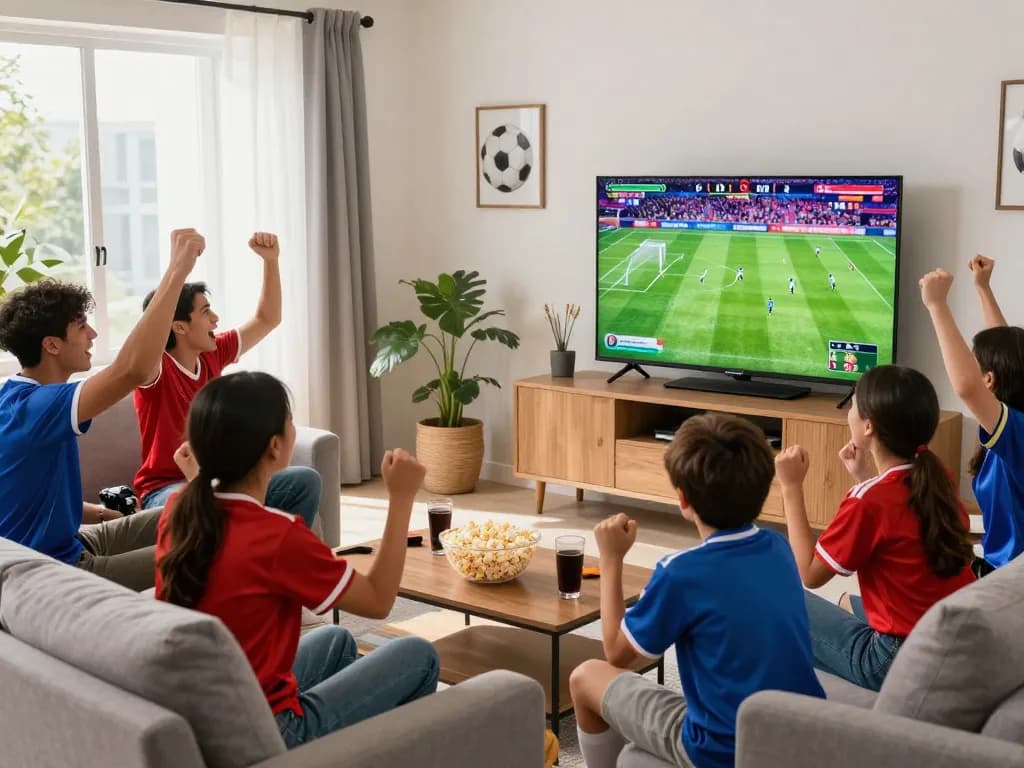 Cakhia tv fans joyfully watching live football match in a vibrant living room with popcorn and drinks.
