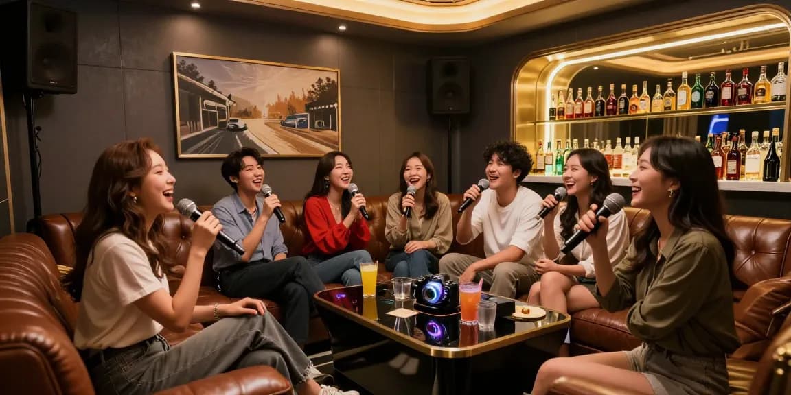 강남가라오케에서 고급스러운 프라이빗 룸에서 친구들이 노래하며 즐기는 모습