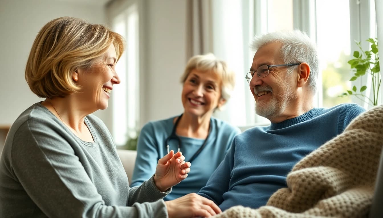 Engaging scene of in home respite care with caregiver assisting an elderly client in a cozy living room.