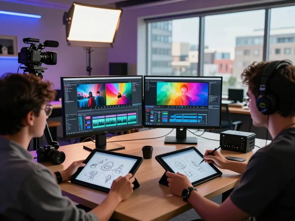 Dynamic video to prompt scene with creatives collaborating on AI video projects in a vibrant studio, showcasing innovation and teamwork.