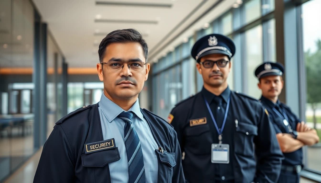 Security Guards providing protection at a corporate office entrance, showcasing professionalism.