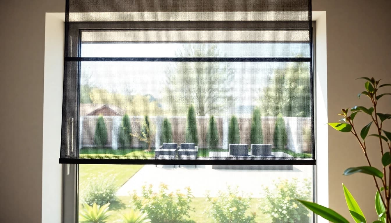Zanzariere installate in una casa moderna con un giardino soleggiato sullo sfondo.