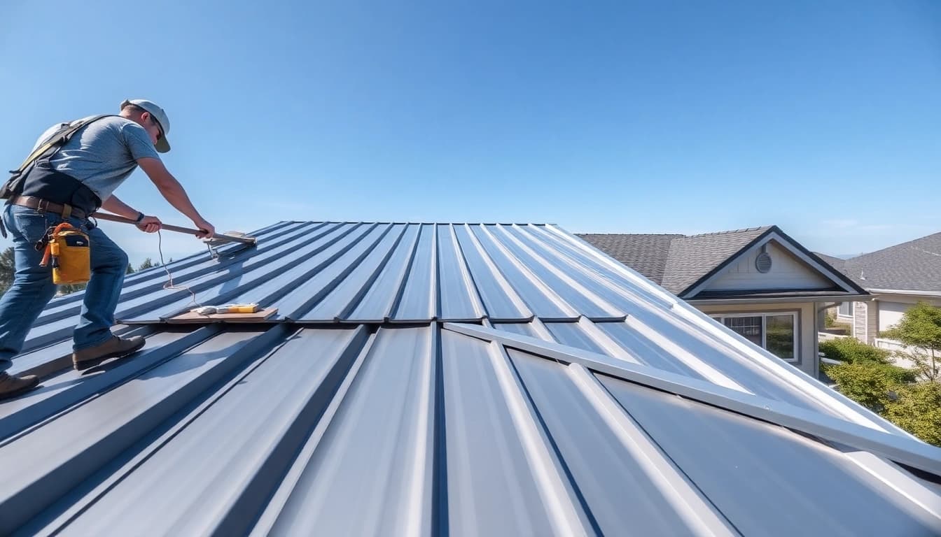 Installing metal roofing on a modern home with skilled craftsmanship and vibrant surroundings.