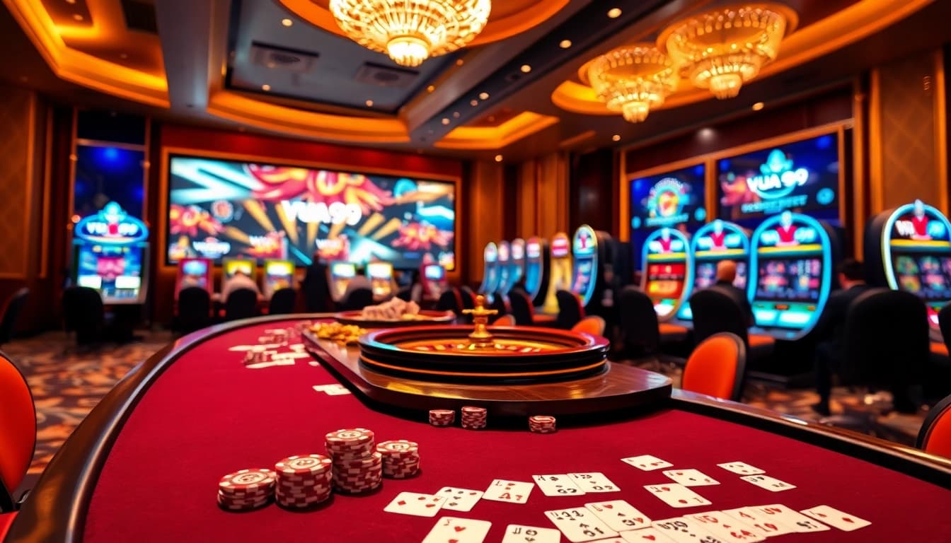 Vua99 players enjoying a vibrant casino experience with poker chips and roulette wheels.