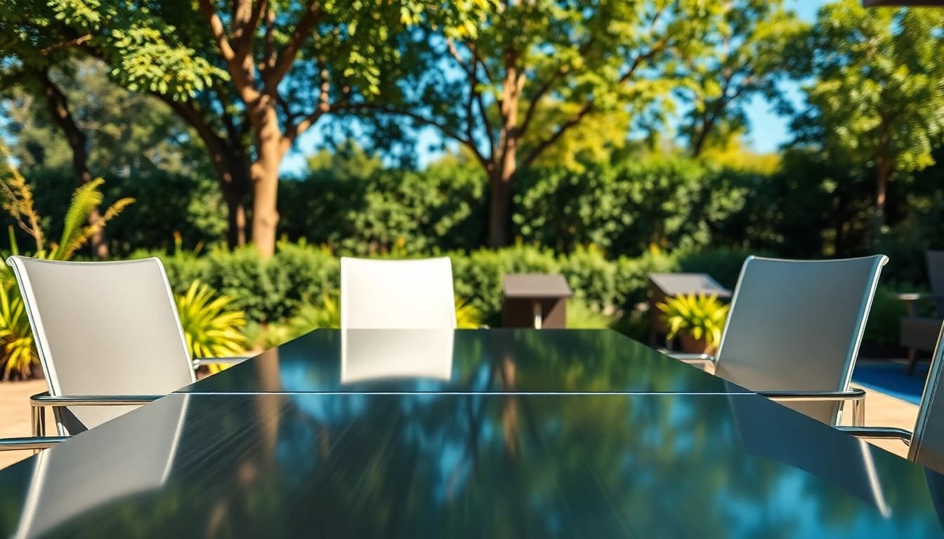 Showcase of stainless steel furniture set in a modern outdoor space showcasing elegance and durability.