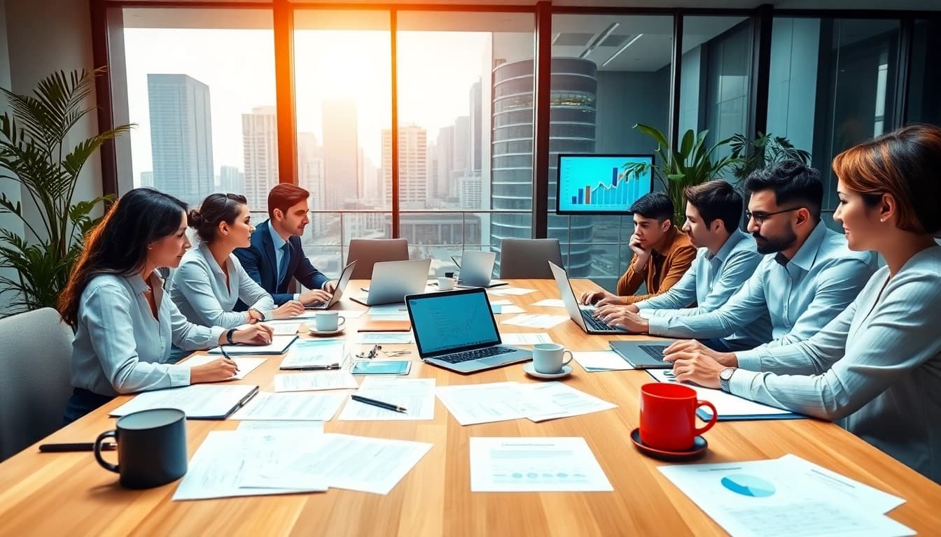 Engaging scene of Proposal Writing and Management in a collaborative office environment with diverse professionals.