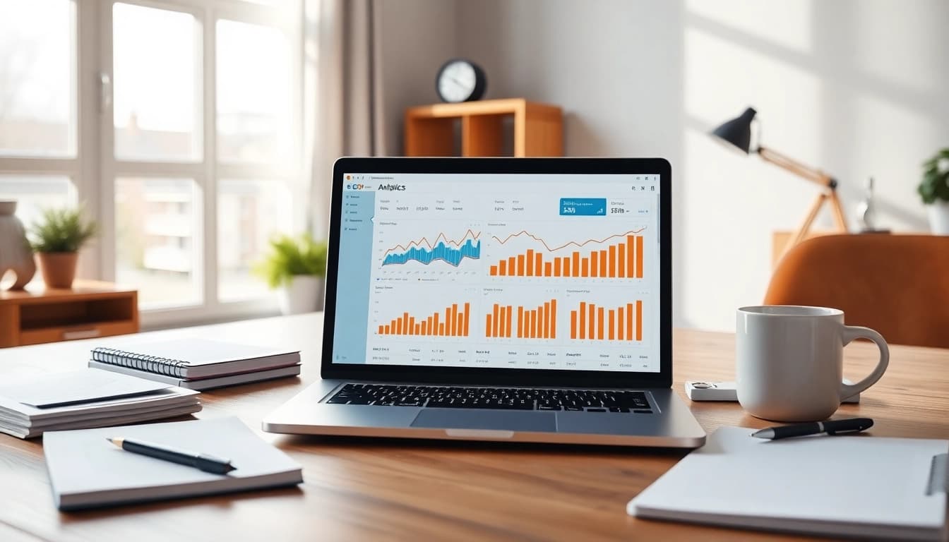 Visual representation of SEO Rank Tracker analytics on a laptop in a modern workspace.