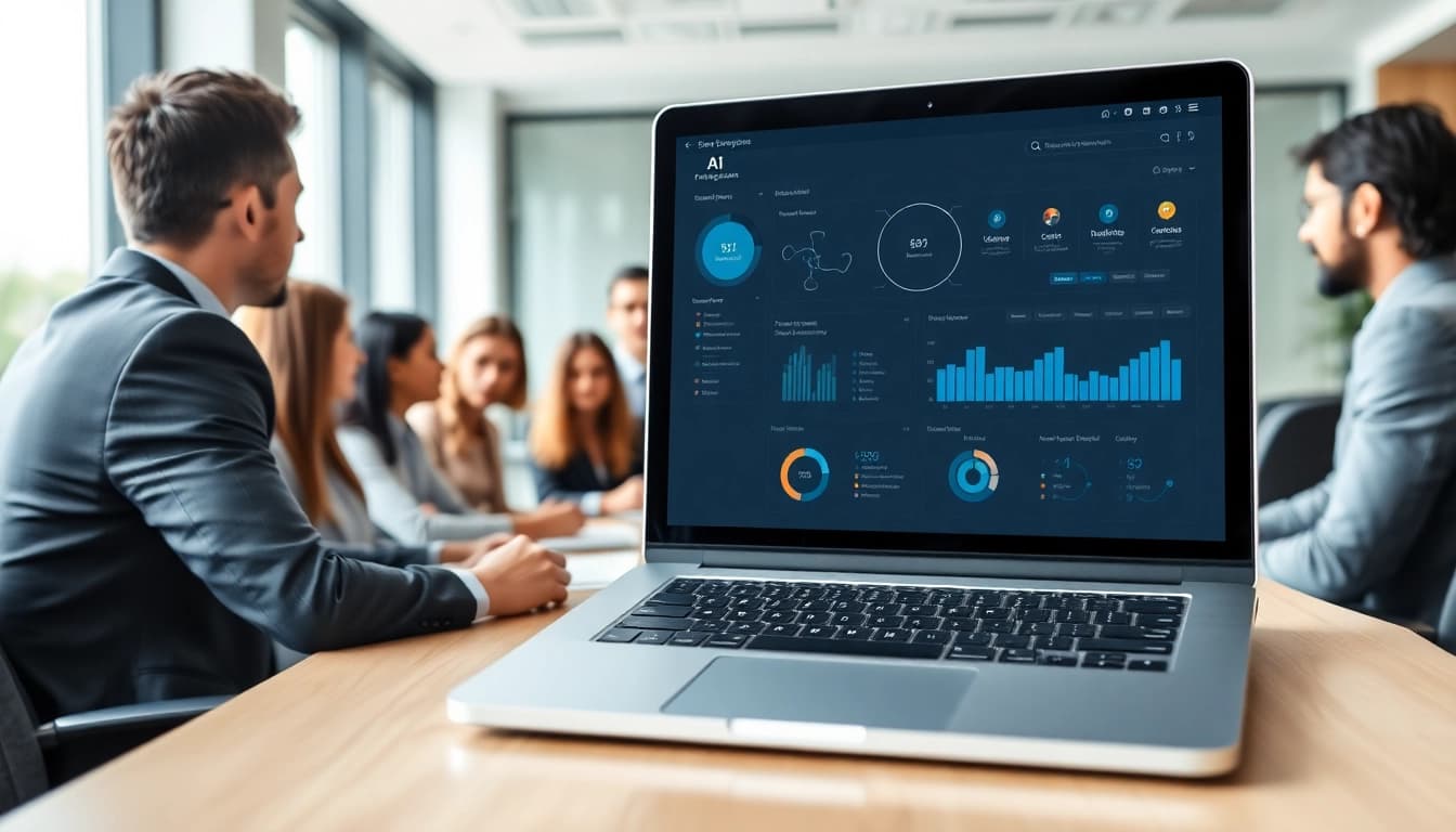 Engaging view of enterprise ai assistant displayed on a laptop in a professional office setting.