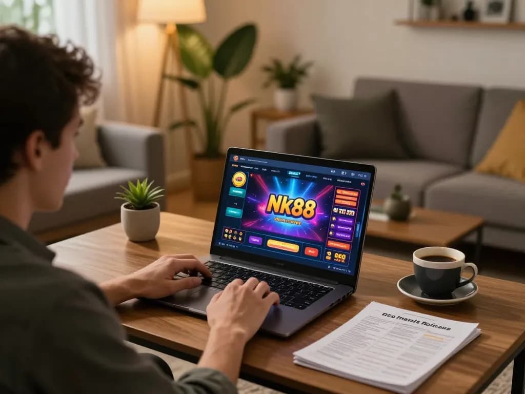 Nk88 online player strategizing with a laptop in a cozy living room setting