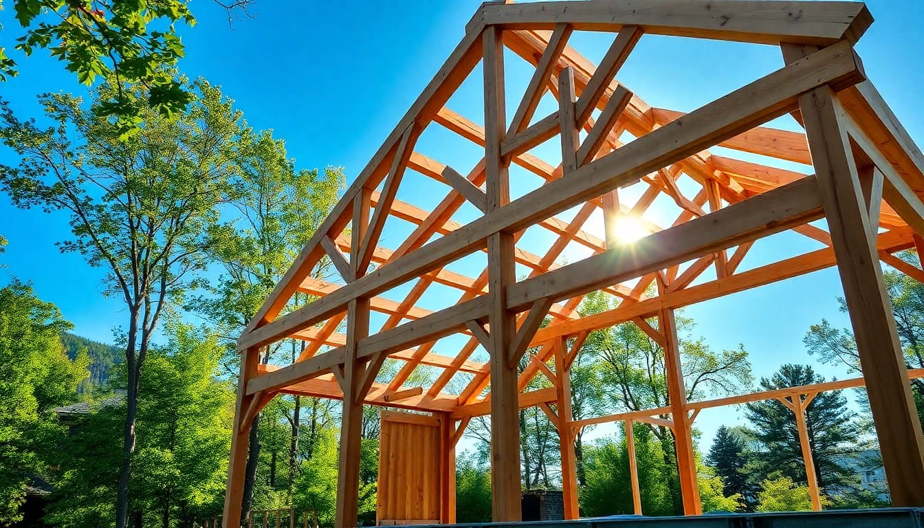 Showcase of the structural timber frame highlighting its intricate design and natural setting.