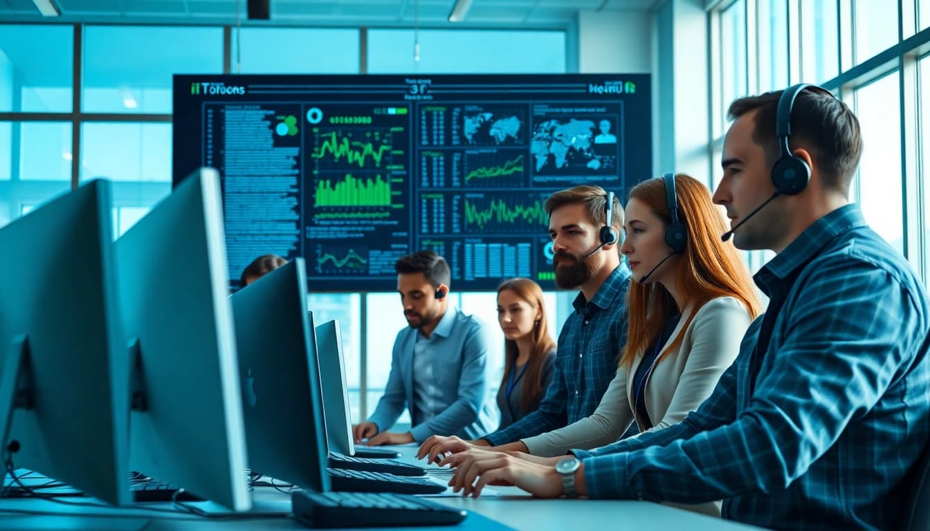 Engaging IT support services team collaborating in a modern office environment.
