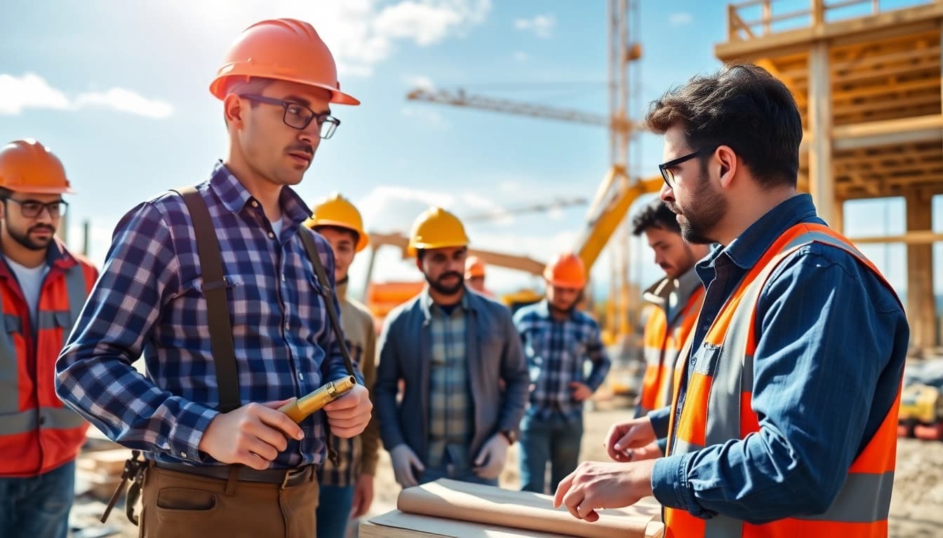 Engaged trainees in construction training activity with tools and equipment on-site.