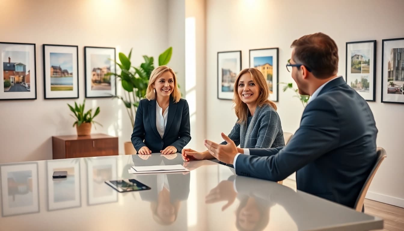 Showcasing real estate services with a professional agent engaging clients in a modern office.