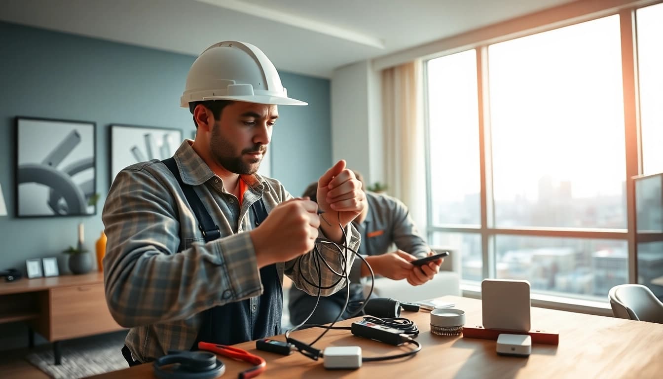Electricians in Vancouver expertly handling smart lighting installation in a stylish apartment